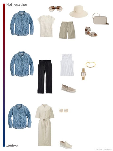 3 ways to style a chambray shirt from a travel capsule wardrobe