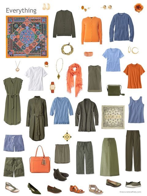 a capsule wardrobe in olive with blue and orange accents, based on the Hermes scarf Collections Imperiales