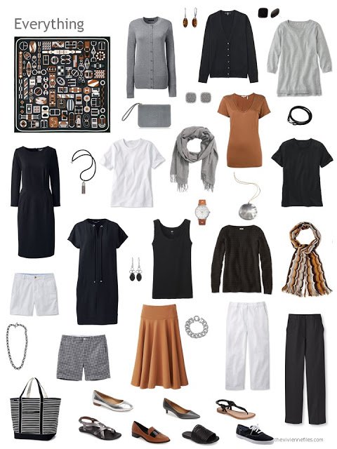 a capsule wardrobe in brown, black, grey and white