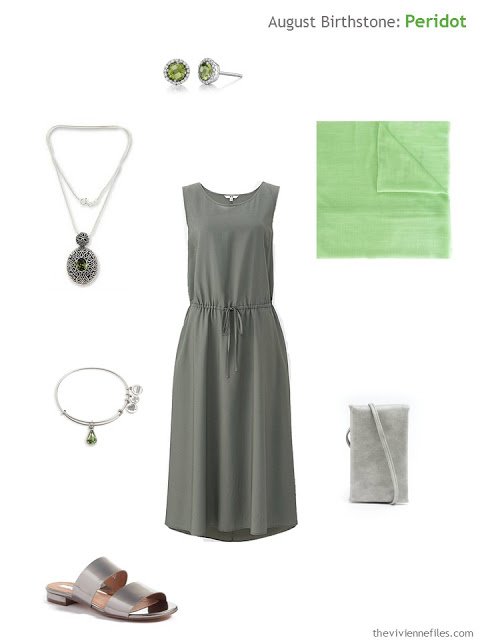 grey dress with peridot accessories