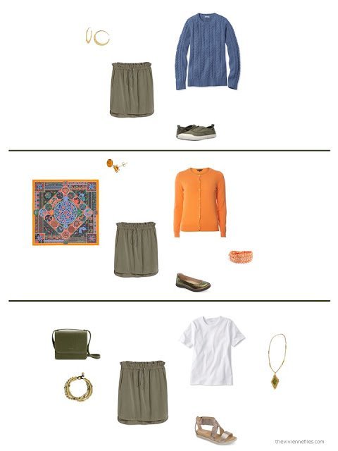 3 ways to style an olive skirt in a capsule wardrobe