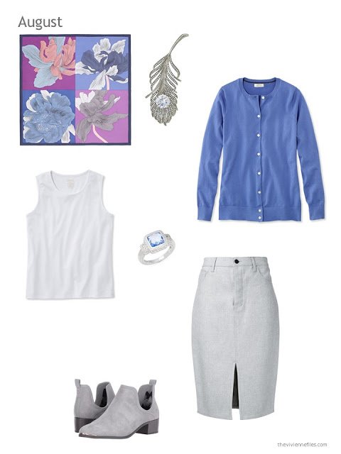 a skirt outfit in grey, white and blue with the Hermes scarf Etude pour un Irish Arc-en-ciel