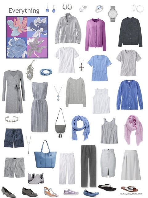 a capsule wardrobe in grey with accents of blue and orchid based on the Hermes scarf Etude pour un Irish Arc-en-ciel