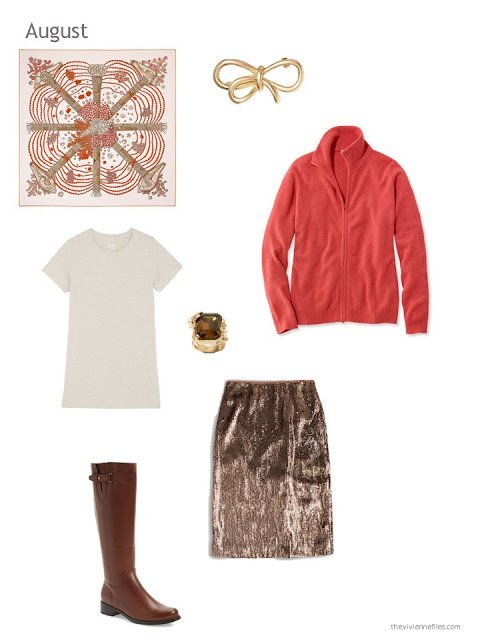 a sequined skirt outfit with the Hermes scarf Chemins de Corail