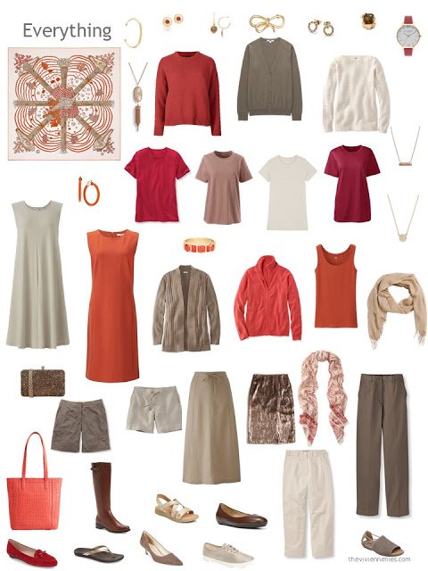 a capsule wardobe in shades of beige and brown, with orange and red accents, based on the Hermes scarf Chemins de Corail