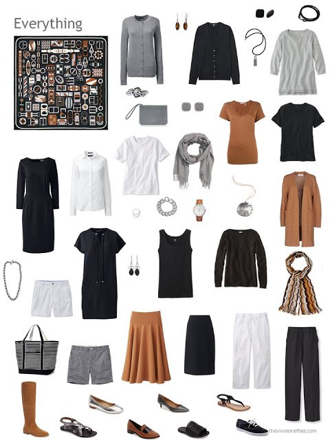 a capsule wardrobe based on Hermes Carre en Boucles scarf, in black, white and caramel brown