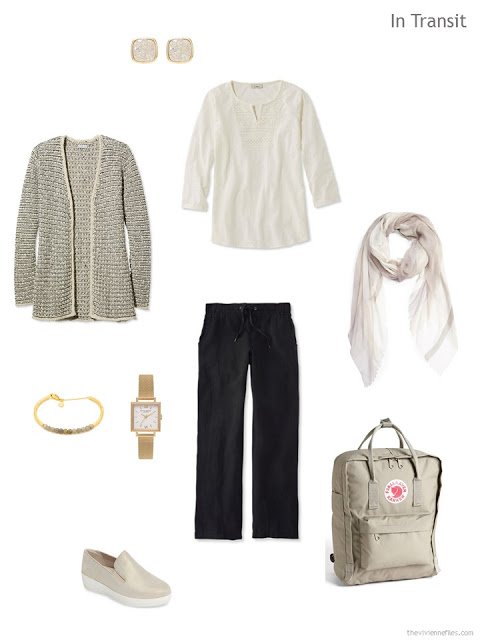 travel outfit in black and beige