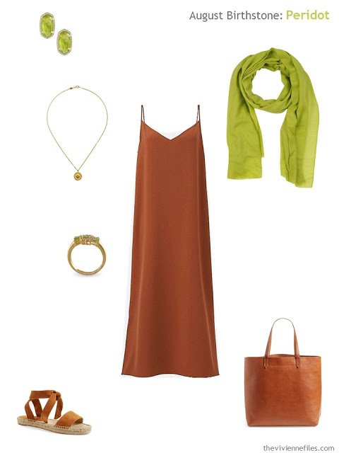 rust dress with peridot accessories