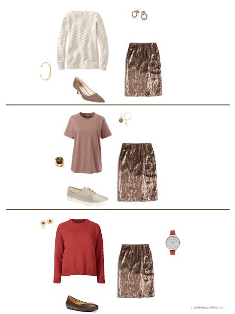 three ways to style a brown sequined skirt in a capsule wardrobe