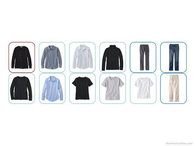 a 12-piece Common Wardrobe in black, white, denim and khaki