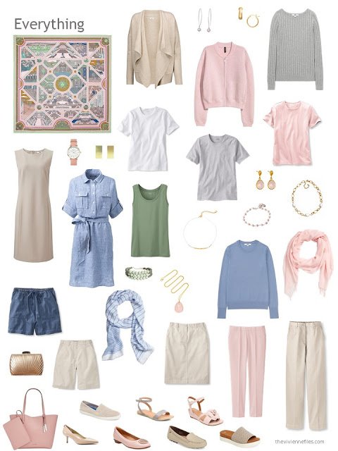 a capsule wardrobe in beige, denim blue, pink and grey