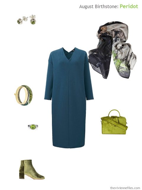 teal dress with peridot accessories