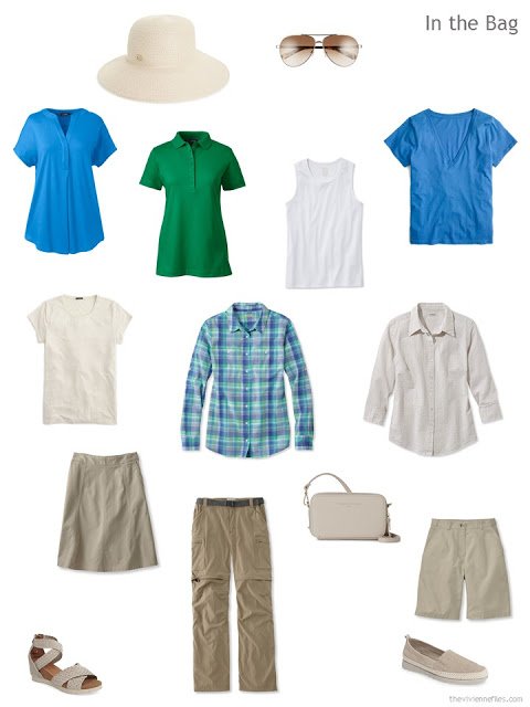 travel capsule wardrobe for hot weather in beige, blue and green