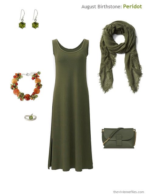 olive dress with peridot accessories