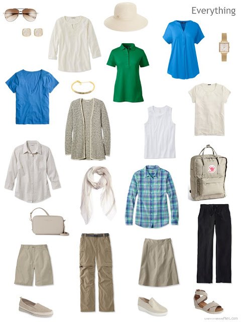 travel capsule wardrobe for hot weather in beige, blue and green