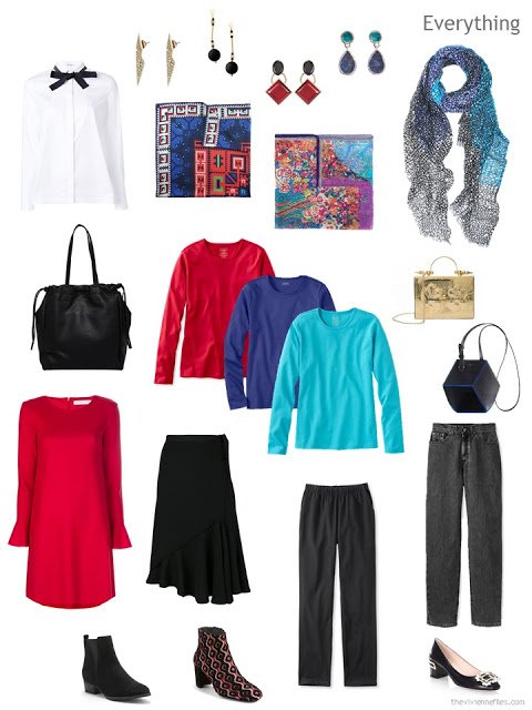 a travel capsule wardrobe in black, white and brights