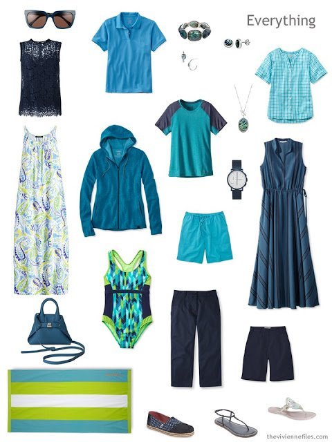 a summer travel capsule wardrobe in navy and azure blue with touches of lime green