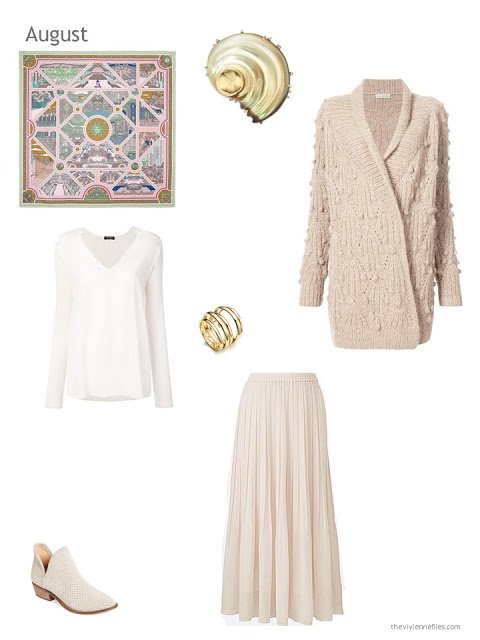 a skirt outfit in ivory and beige, including the Hermes Flanerie a Versailles scarf