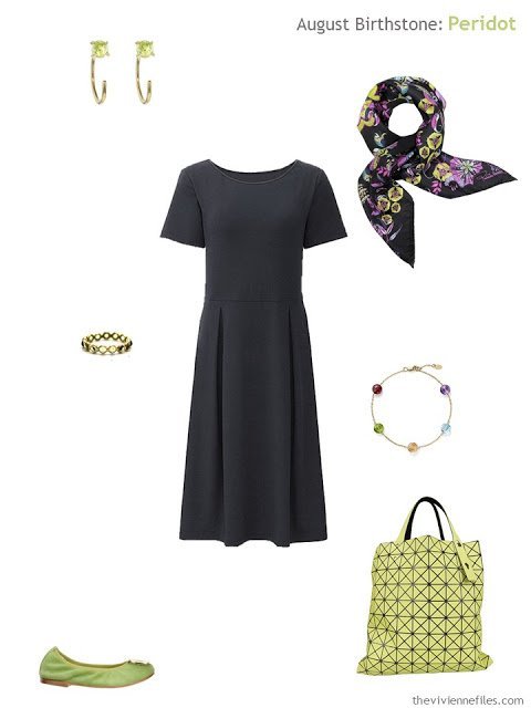 black dress with peridot accessories