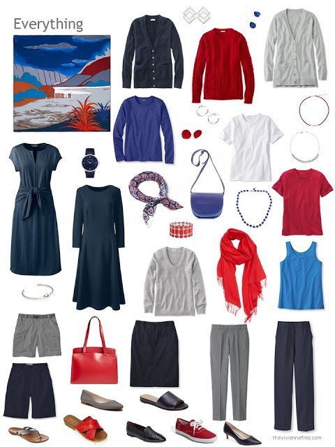 a capsule wardrobe in navy, grey, blue, red and white