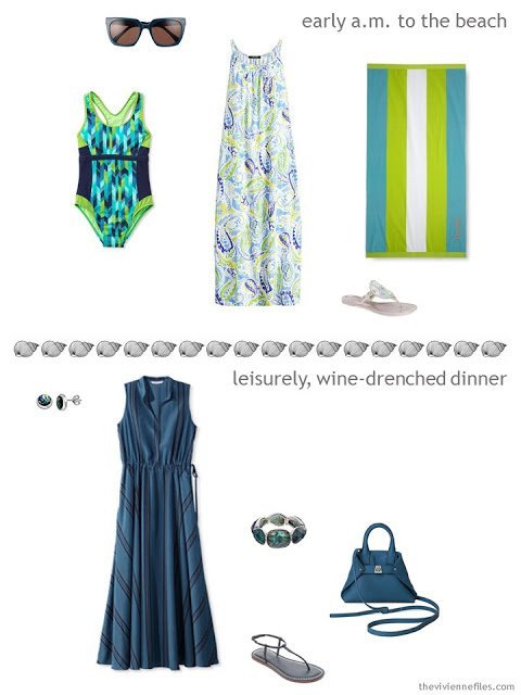 two outfits drawn from a summer travel capsule wardrobe in navy and azure blue with touches of lime green