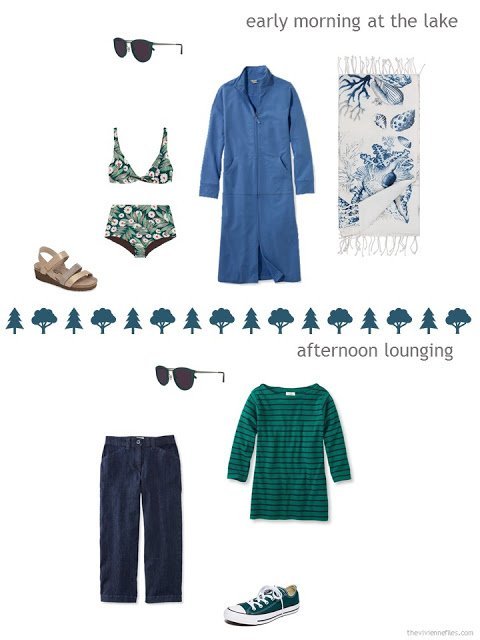 2 outfits from a six-pack in teal, blue and beige