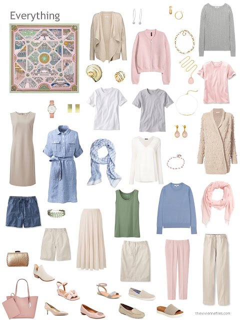 a capsule wardrobe in beige, blue, pink and green, based on Hermes Flanerie a Versailles scarf