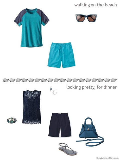 two outfits drawn from a summer travel capsule wardrobe in navy and azure blue with touches of lime green