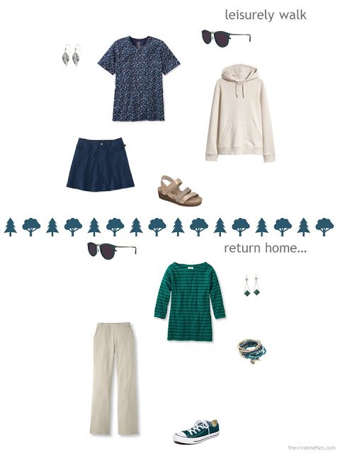 2 outfits from a six-pack in teal, blue and beige