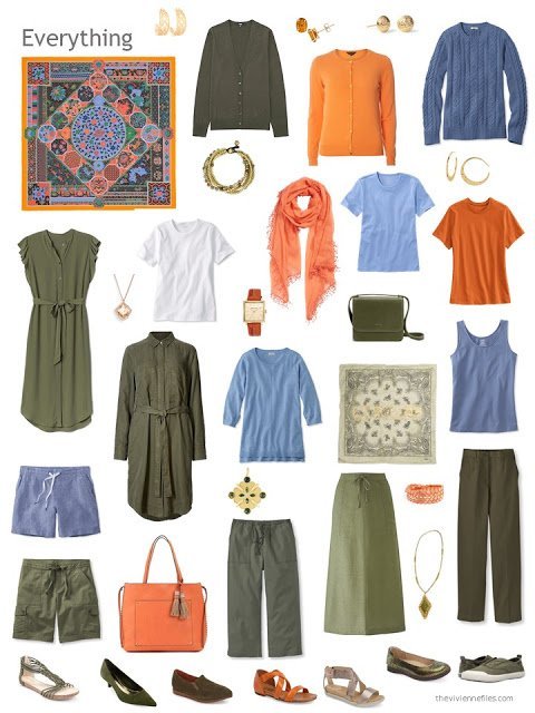 a capsule wardrobe in olive, blue, orange and white