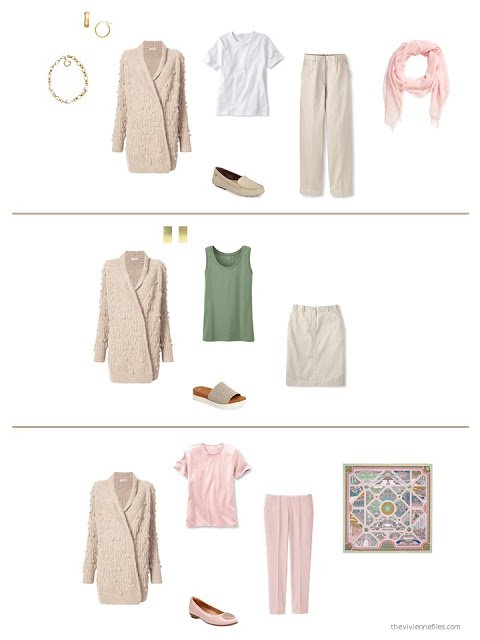 three ways to style a beige cardigan in a capsule wardrobe