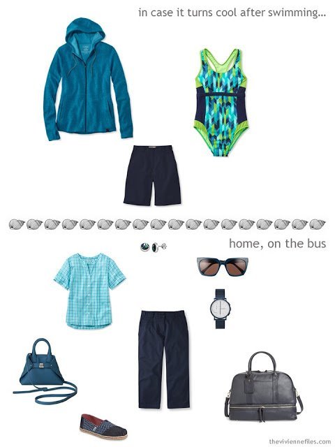 two outfits drawn from a summer travel capsule wardrobe in navy and azure blue with touches of lime green