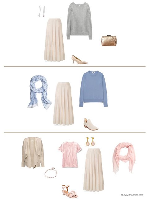 three ways to style a beige skirt in a capsule wardrobe