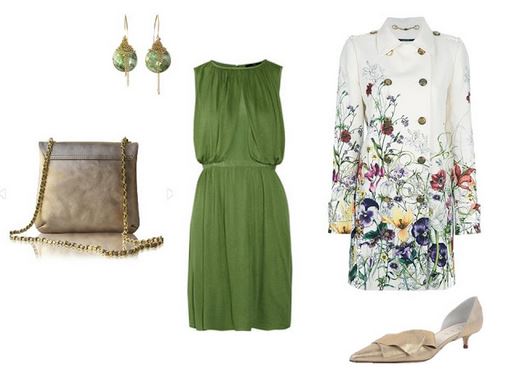 a special occasion outfit of a green dress, floral coat and gold accessories