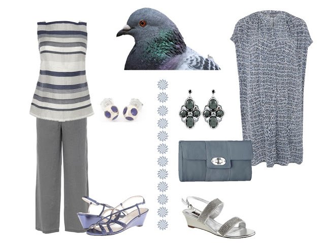 two dressy outfits based on the colors of a pigeon