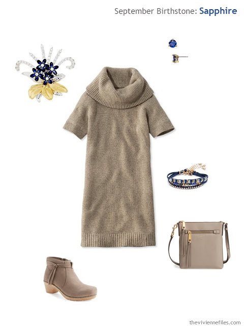 beige dress with sapphire jewelry