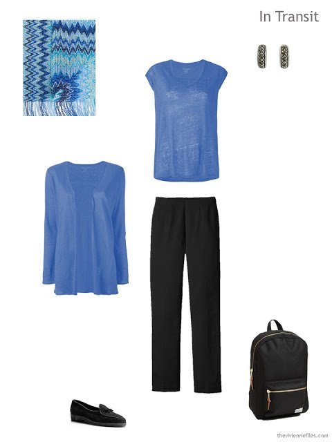 travel outfit in black and blue