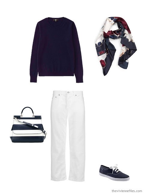 navy cashmere crewneck sweater with white jeans