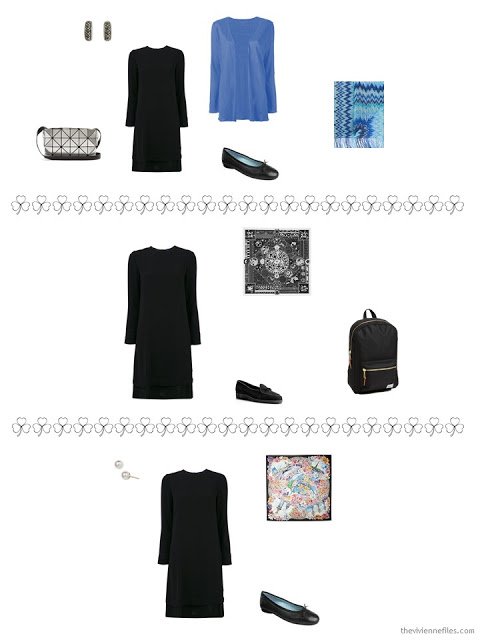 3 ways to style a black long-sleeved dress from a travel capsule wardrobe