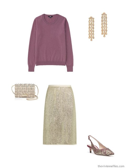 dark pink cashmere crewneck sweater with gold sequined skirt