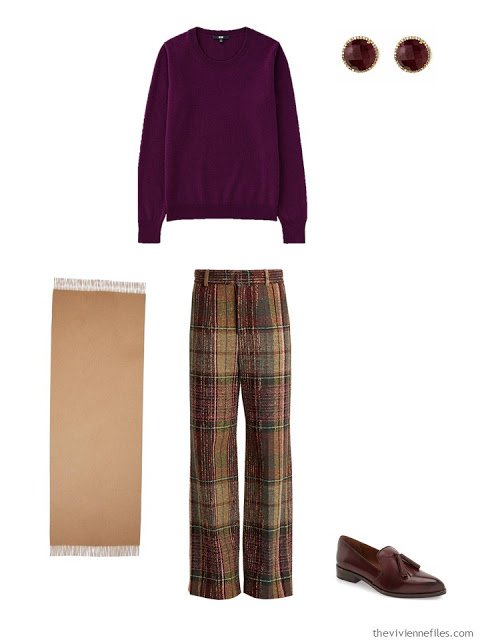 wine cashmere crewneck sweater with plaid pants