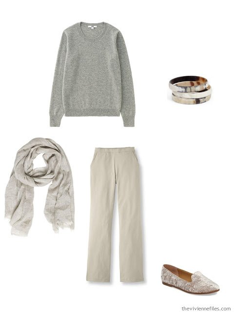 light grey cashmere crewneck sweater with khakis