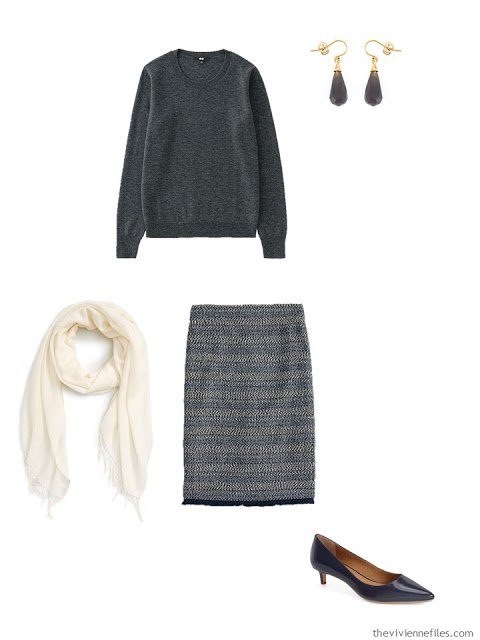 charcoal grey cashmere crewneck sweater with tweed skirt