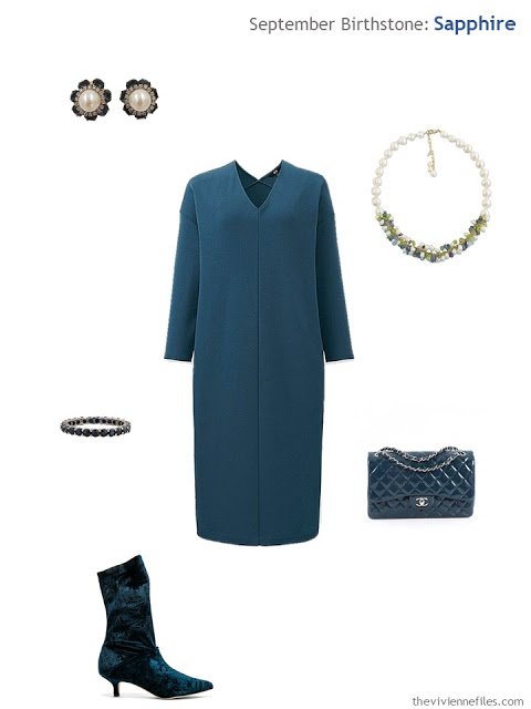 teal dress with sapphire jewelry