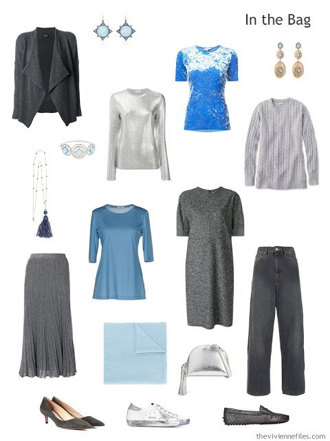 travel capsule wardrobe in grey and shades of blue