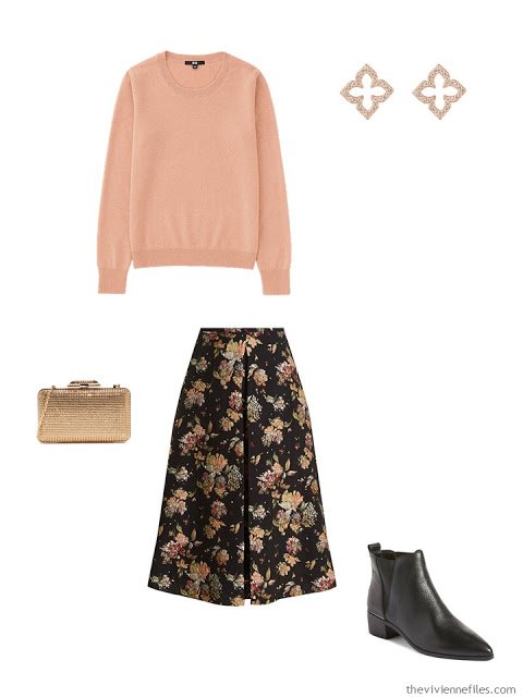 apricot cashmere crewneck sweater with black brocade floral skirt