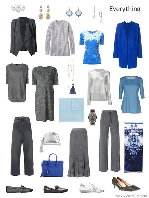 travel capsule wardrobe in grey and shades of blue