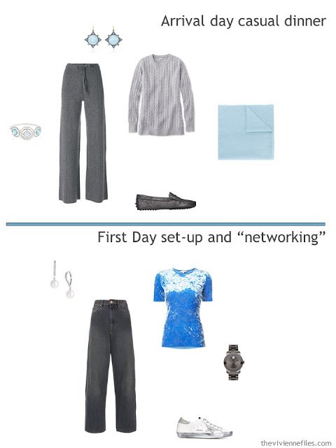 two outfits from a travel capsule wardrobe in grey and shades of blue