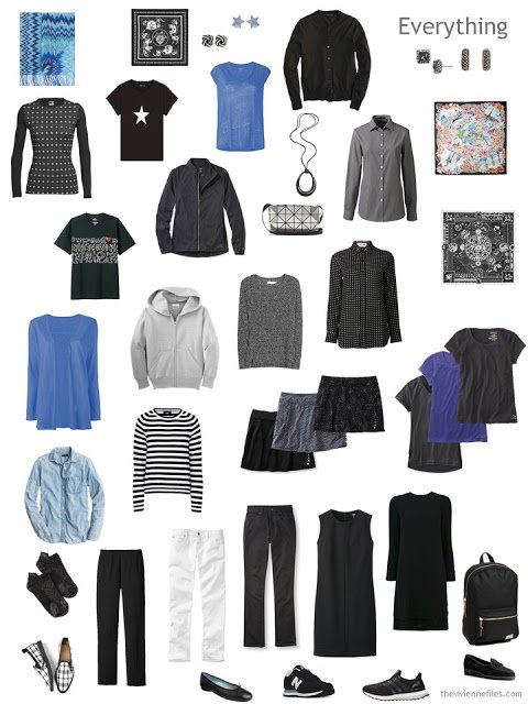 travel capsule wardrobe in black, white and blue