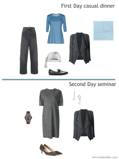 two outfits from a travel capsule wardrobe in grey and shades of blue